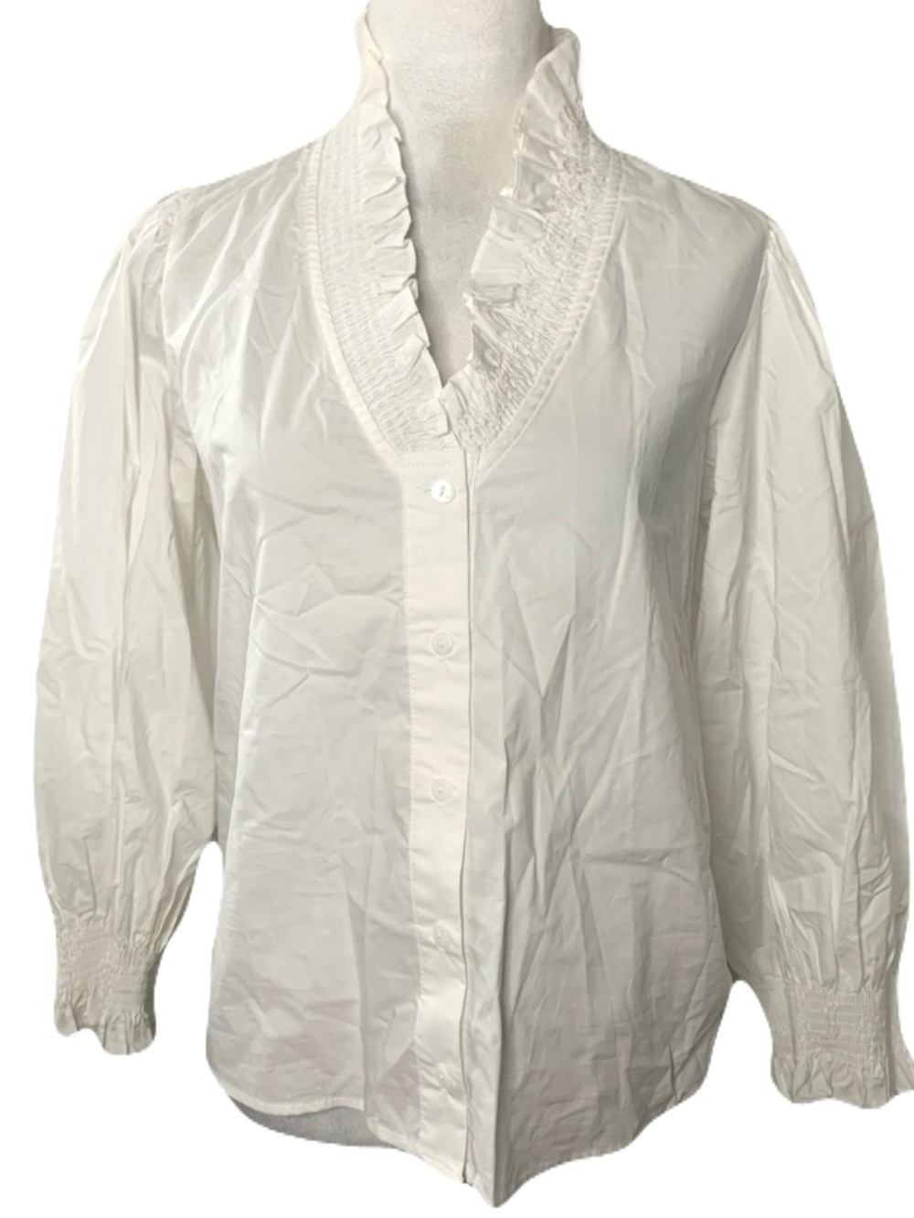 NWT Harshman XS White Cotton Ruffled V-Neck Button Bonnie Blouse Quiet Luxury
